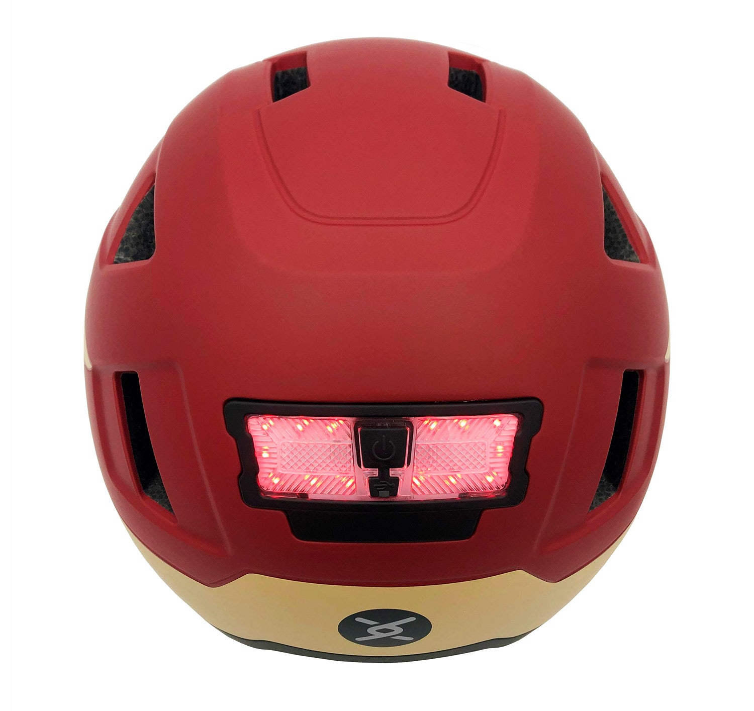 XNITO e-bike Helmet XNITO - Old School - Valkyrie with LED front and rear lights on.