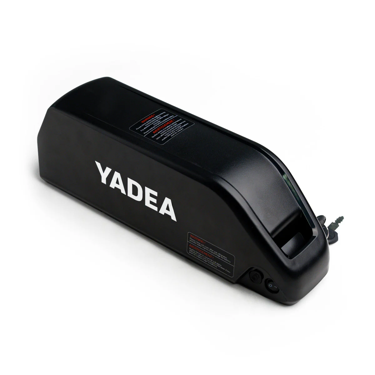 A black Yadea Trooper Battery with a key slot and warning labels on its surface.