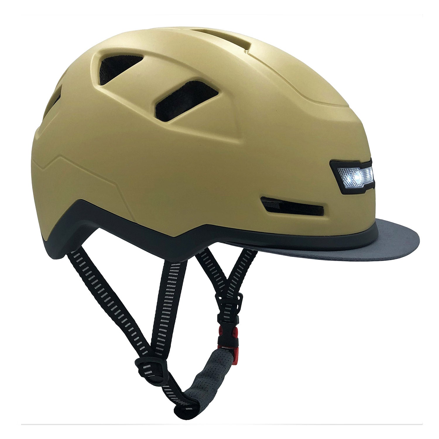 A khaki-colored XNITO e-bike helmet with an adjustable strap, integrated LED front and rear lights, and compliant with CPSC and NTA-8776 safety standards.