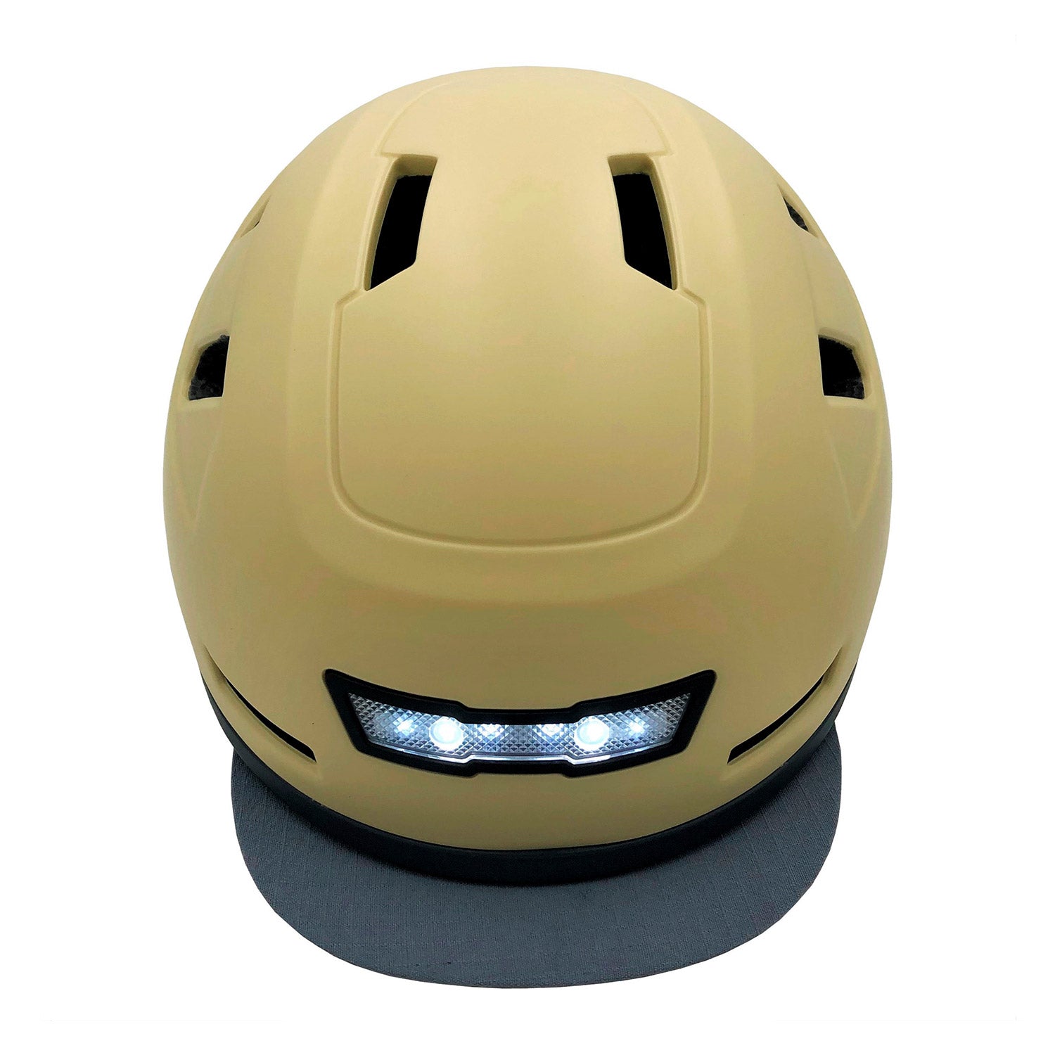 Tan XNITO e-bike helmet with an illuminated headband, featuring LED front and rear lights.