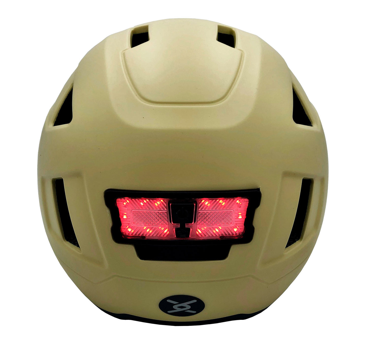 A beige XNITO e-bike helmet with an illuminated red safety light at the back, featuring LED front and rear lights.