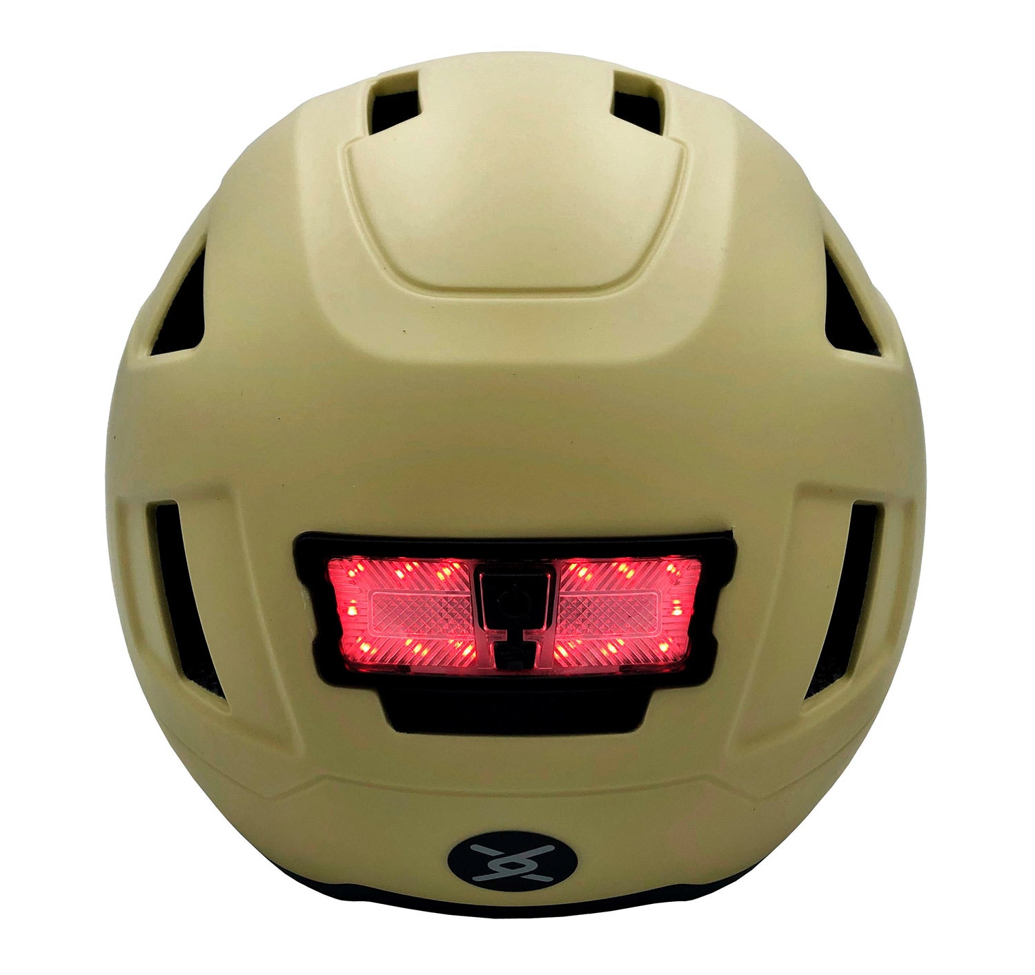 A beige XNITO e-bike helmet with an illuminated red safety light at the back, featuring LED front and rear lights.