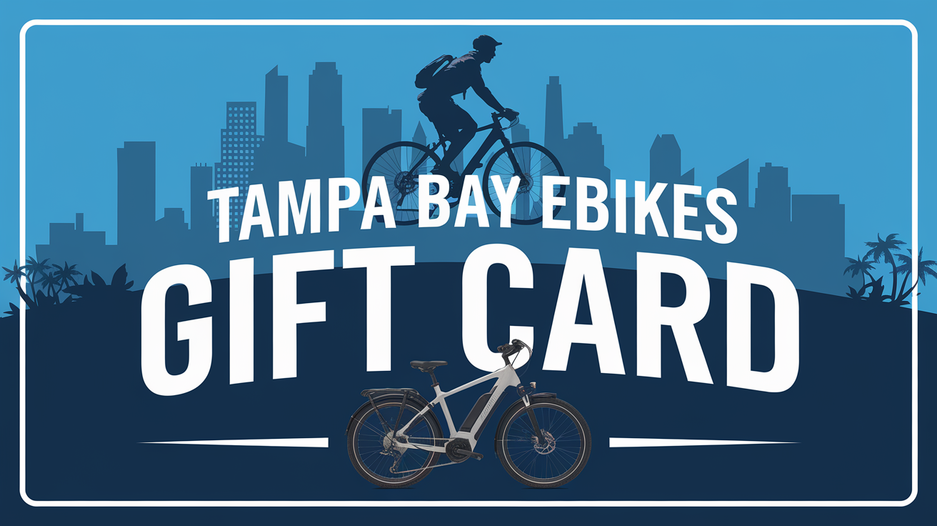 The Tampa Bay eBikes Gift Card by Tampa Bay eBikes is the ideal gift for cyclists, featuring a cyclist silhouette set against a city skyline alongside an electric bike image.