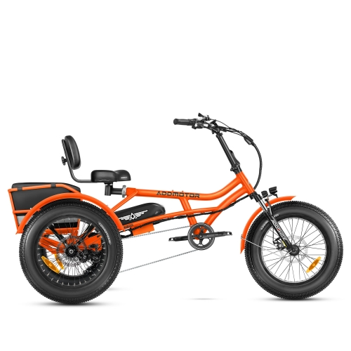 Orange Addmotor ARISETAN II M-360 Mini Semi-Recumbent Trike with rear storage basket on a white background.