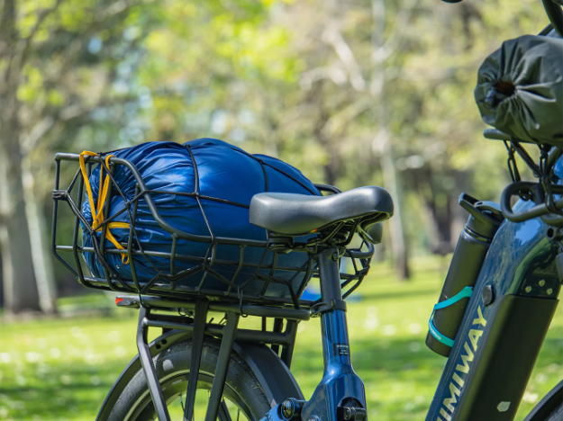 A HeyBike blue bicycle with a Himiway Rear Basket holding a blue bag, parked on grass in a sunlit park.