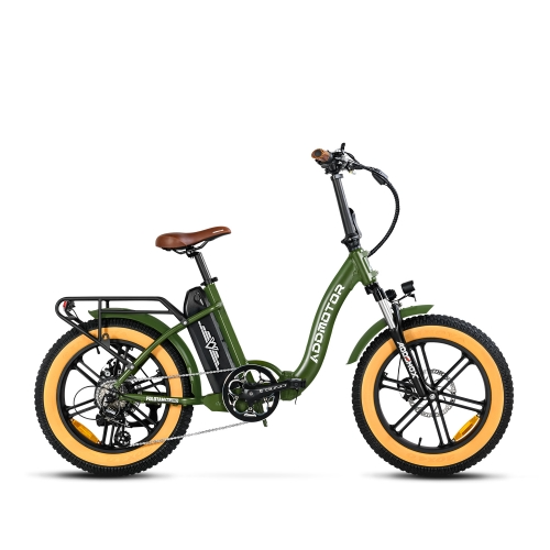 Addmotor - Foldtan M-140 electric folding bicycle with green accents and tan tires against a white background, featuring a lightweight design.