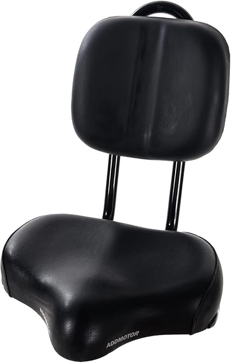 Experience comfort with the ADDMOTOR Extra Wide Bike Seat with Backrest, featuring an ergonomic design with a black cushioned seat, a backrest cushion, and two metal support rods. The Addmotor branding is proudly showcased at the bottom front, making it an ideal companion for your Addmotor Electric Tricycle.