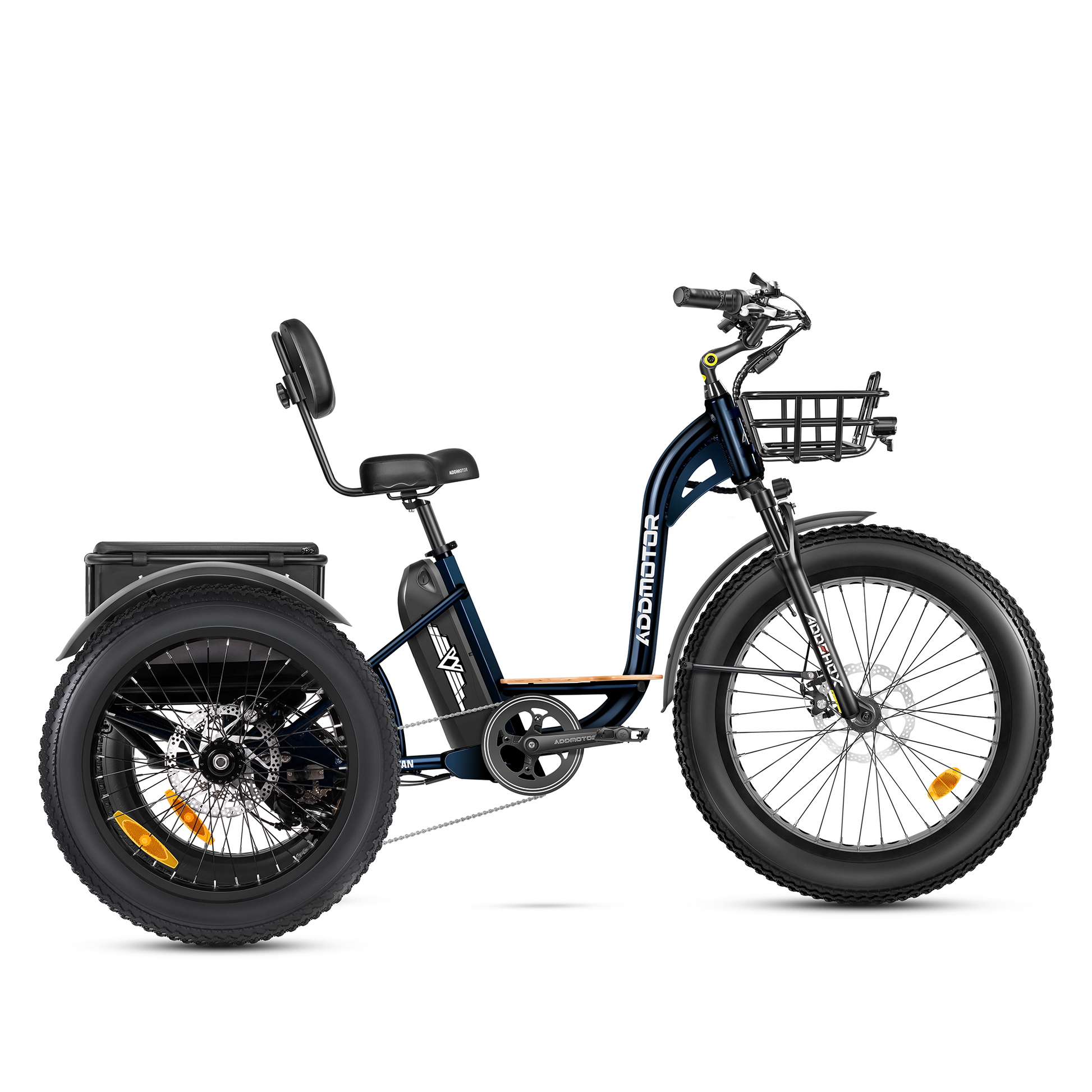 Addmotor - Grandtan Plus II 2024 three-wheeled electric bicycle with cargo storage on a white background.