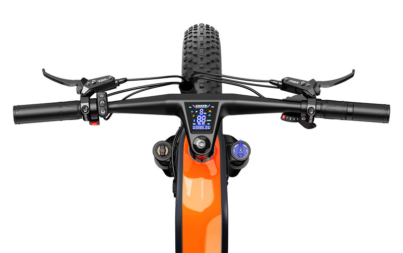 Close-up view of a HeyBike - Hero (Mid-Drive) electric bicycle's handlebar, showing brake levers, digital display, and grips on a white background.