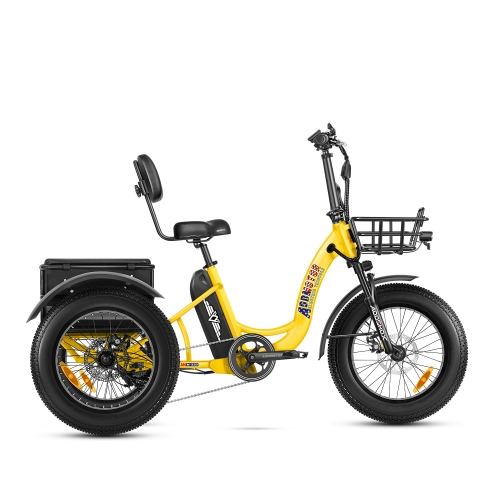 The yellow Addmotor - Triketan M330 II electric tricycle, equipped with an Addmotor 48V Motor, features a front basket, large tires, and a black cushioned seat.