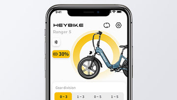 A smartphone screen displaying an advertisement for the HeyBike - Ranger S folding electric bike, showing a 30% discount offer on the bike.