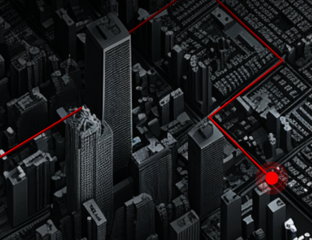 Aerial view of a dark cityscape with a digital overlay, featuring red lines and a dot marking key locations amidst skyscrapers and pathways, ideal for exploring on the Segway ZT3 Pro eKickScooter.