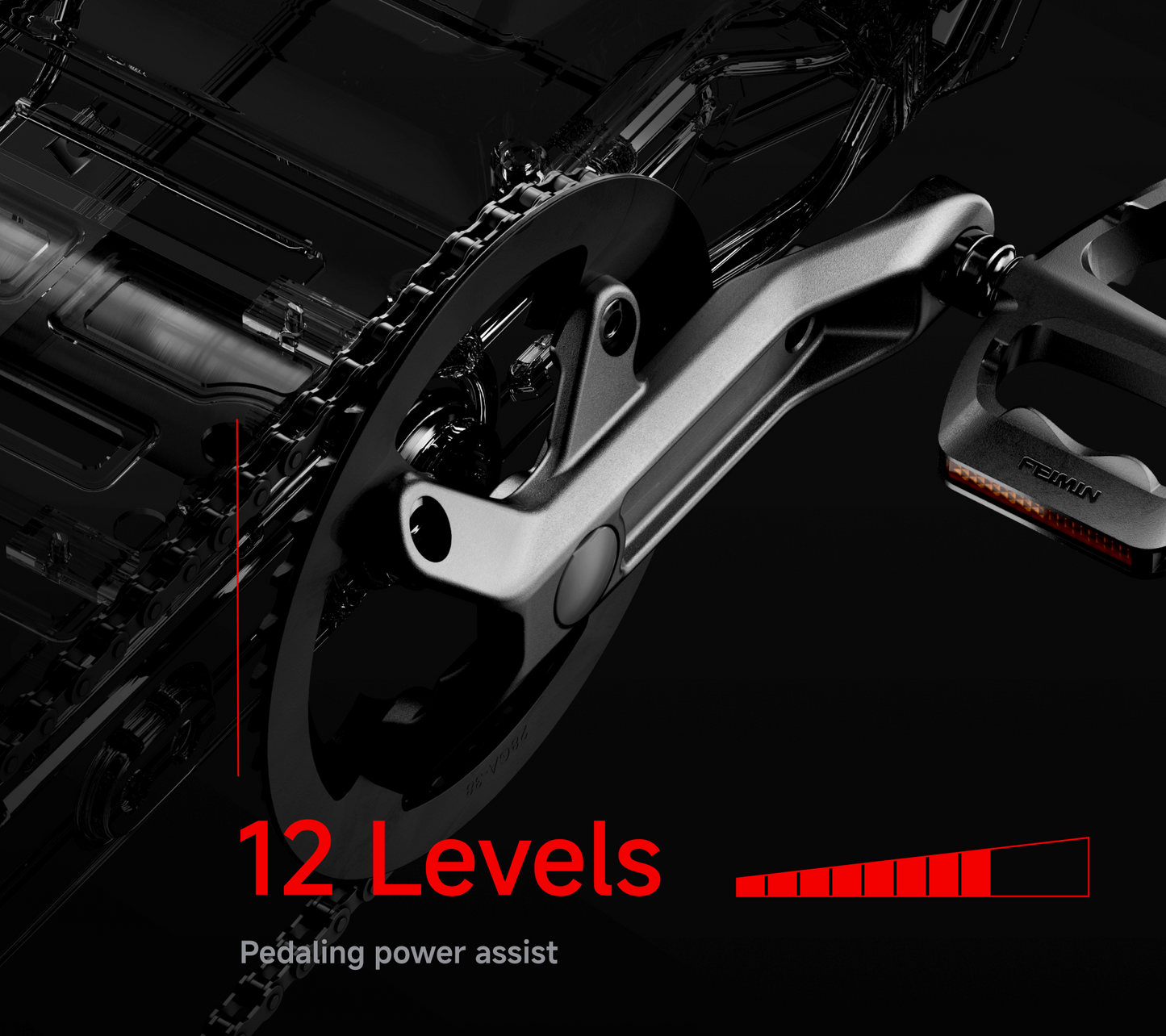 Close-up of the Segway - Xyber bicycle crankset with pedal, featuring "12 Levels Pedaling power assist" in red and white, along with a dynamic red bar showing progress. Ideal for electric bike adventures around Tampa Bay.