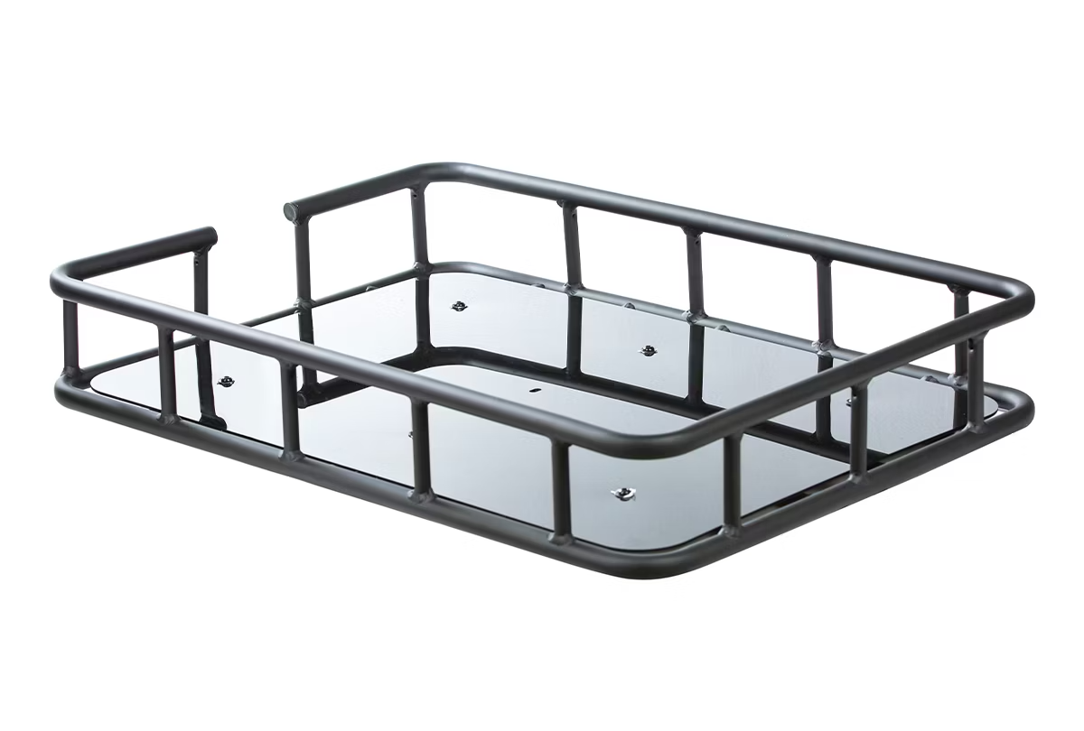 A black wire rear cargo rack basket for kitchen sink organizer with a flat, mirrored base, isolated on a white background.