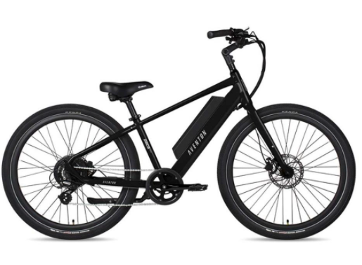 The Aventon - Pace 500 in Midnight (M) is a black electric bike featuring a sturdy frame and wide tires. It comes equipped with a powerful 500W motor, a built-in battery on the downtube, disc brakes, and a rear derailleur gear system. For enhanced safety, it also incorporates turn signal functionality.