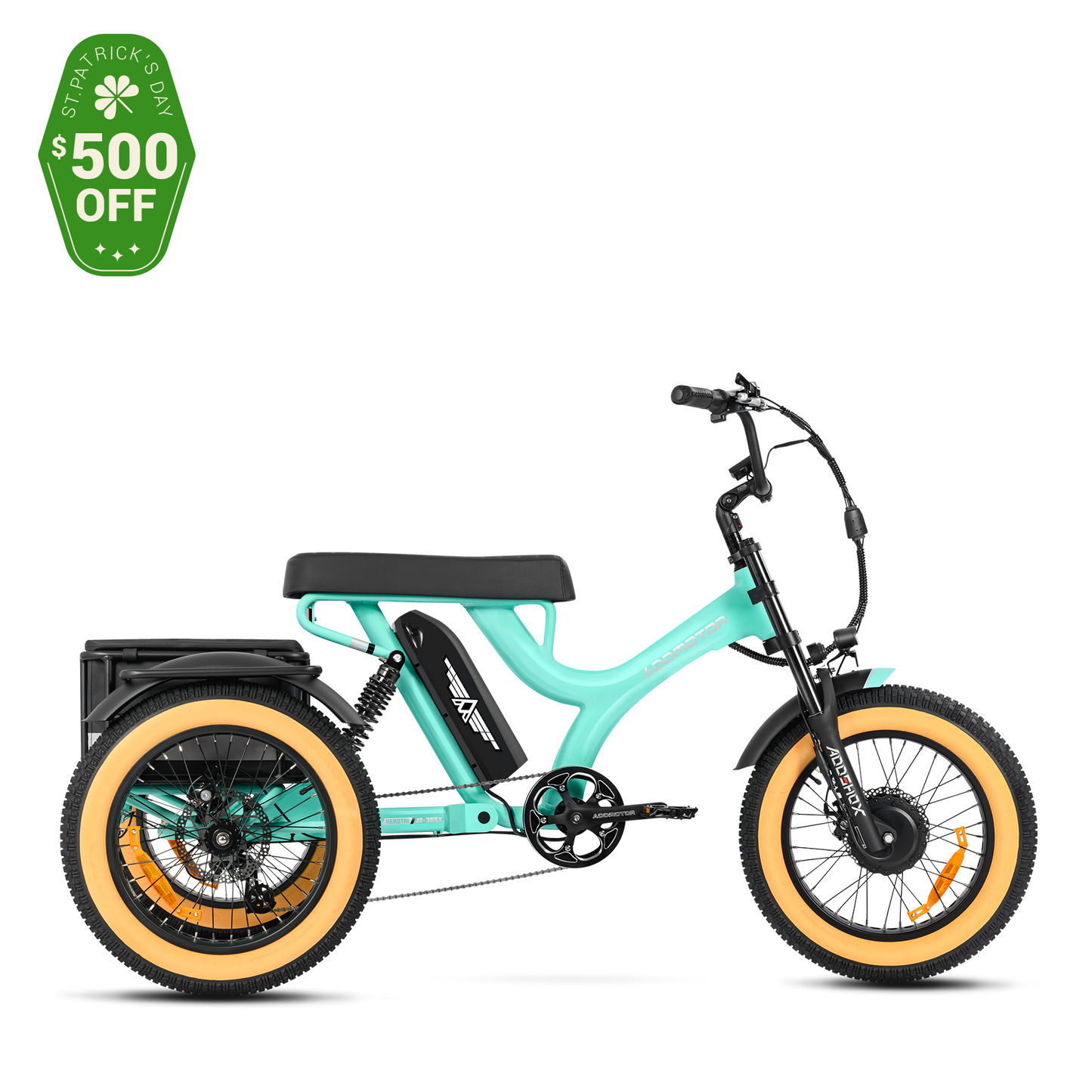 Addmotor - Herotri M-365X mint green adult electric trike with a promotional $500 off St. Patrick's Day sale tag featuring a dual shock design.