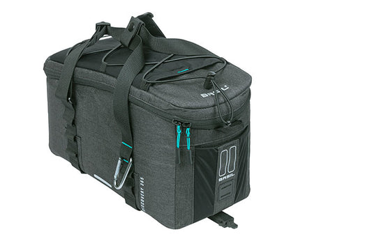 A gray, rectangular insulated cooler bag with shoulder straps, side pouches, a carabiner clip attachment, and the convenience of a pannier bag for versatile transport like the Bag - Basil Discovery 365 MIK from Basil.