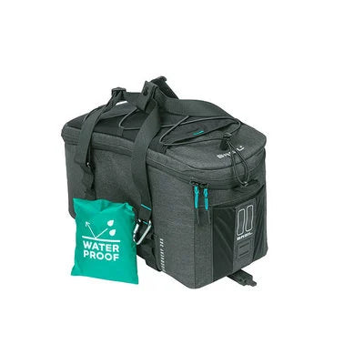 A gray waterproof camera backpack with multiple compartments, featuring a small green waterproof bag attached to the side, and equipped with a Basil Discovery 365 MIK pannier bag using a MIK adapter plate.