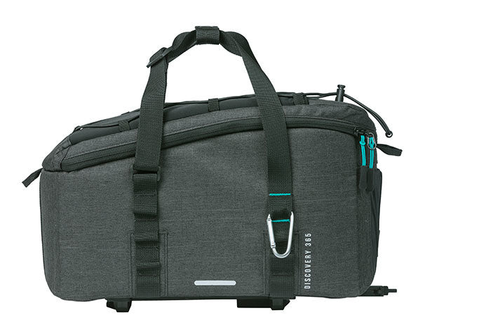 A gray, rectangular pannier bag with black straps and zippers, featuring a carabiner attached on the side and the text "Bag - Basil Discovery 365 MIK" printed vertically near the bottom right corner. It also includes an MIK adapter plate for easy mounting.