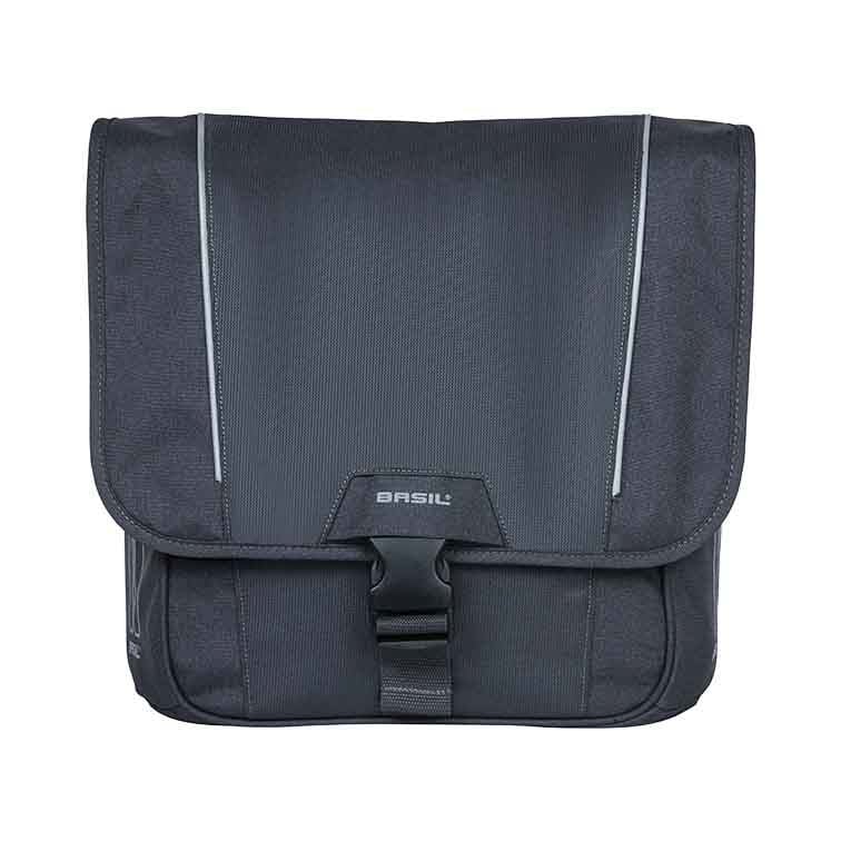 A black, rectangular messenger bag designed by Basil features a flap closure with a small clasp. The brand name "Basil" is prominently displayed on the front flap. This sleek bag, known as the Basil Sport Double Pannier MIK, includes a MIK adapter plate and is made from water-repellent polyester for enhanced durability.