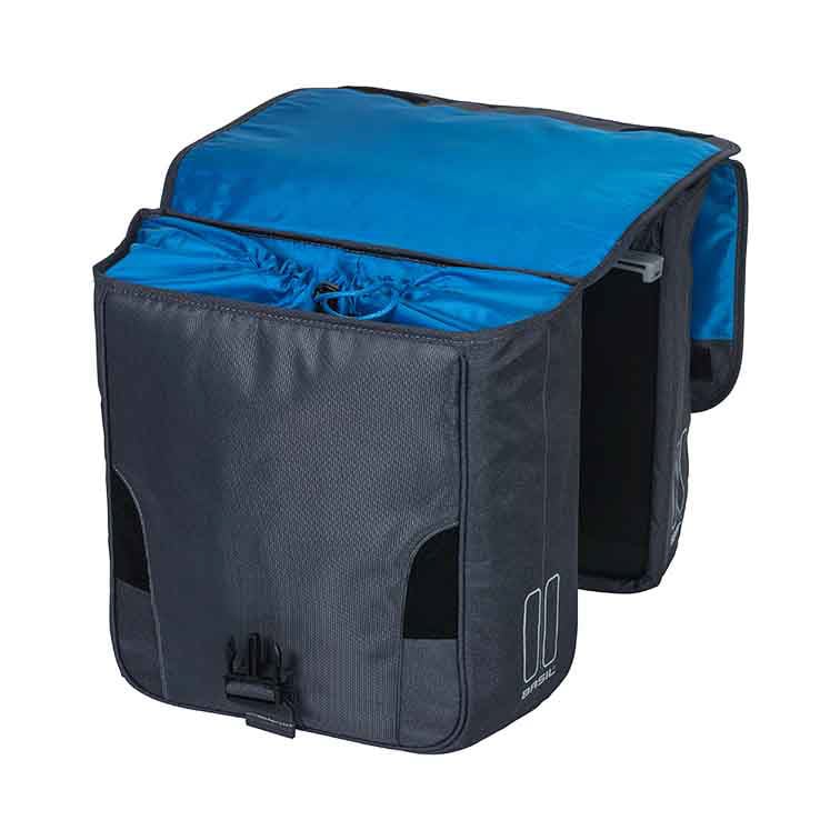 Introducing the Basil Sport Double Pannier MIK by Basil, a black and blue dual-sided bike pannier crafted from water-repellent polyester. It features a flap closure and reflective details, making it perfect for all-weather rides. This double bicycle bag is designed with convenience in mind.