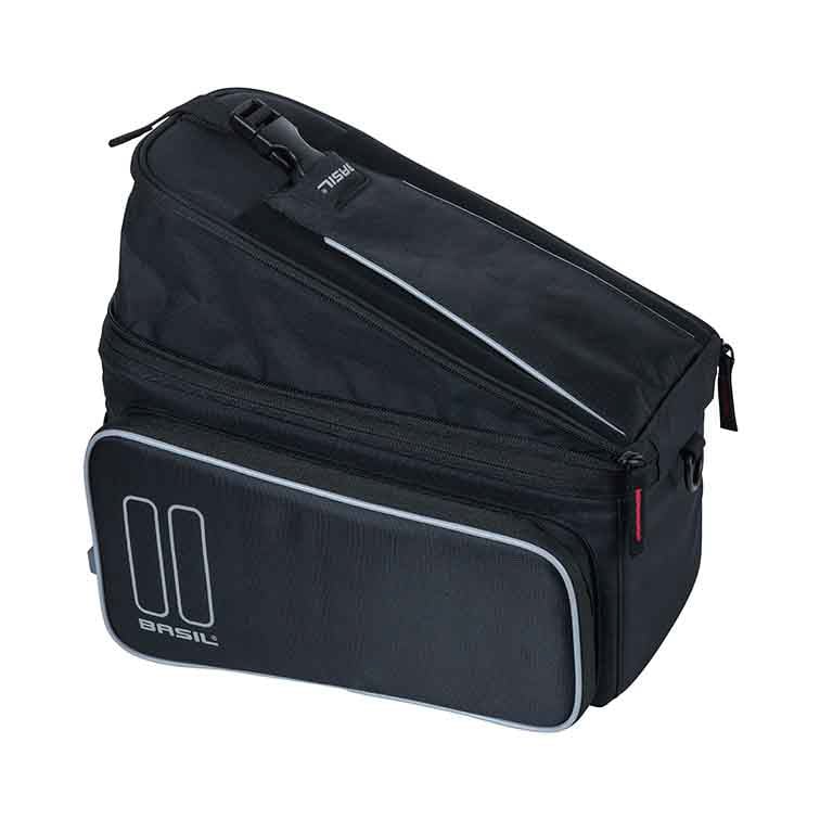 A black Bag - Basil Sport Design MIK - Black serves as a versatile pannier with a zippered top compartment, side pocket, and compatible MIK system for your luggage carrier bag.