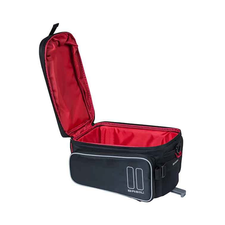 An opened Basil Sport Design MIK - Black insulated cooler bag with a rectangular shape and a zippered compartment at the front is perfect for your travels, thanks to its compatibility with the MIK system.