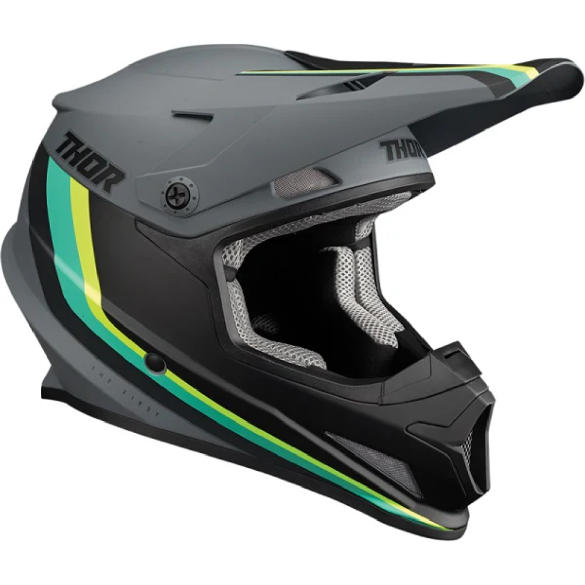 The Thor Sector Helmet - Runner MIPS in gray/teal features a matte finish, visor, ventilation panels, MIPS protection technology, and "THOR" branding on the side.
