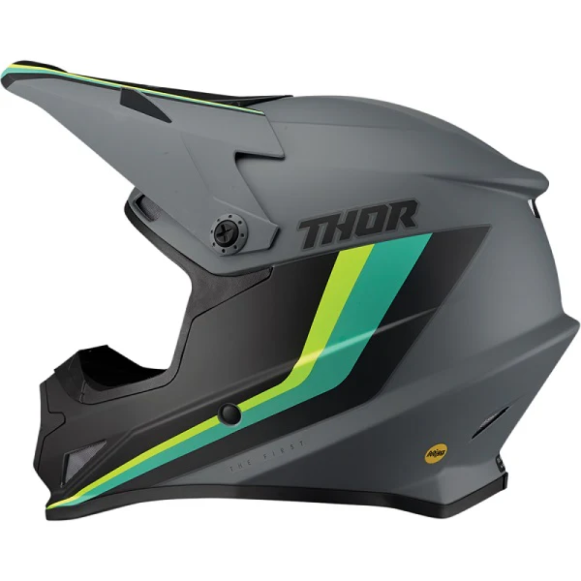 The Thor Sector Helmet - Runner MIPS in gray/teal features a matte finish, visor, advanced MIPS protection, and the Thor logo on the side.