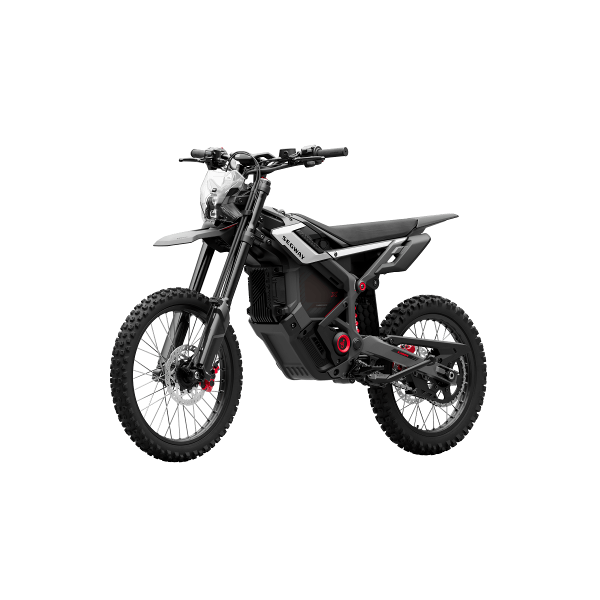 The Segway Xaber 300 by Segway is a black electric dirt bike with knobby tires, red accents, and a large battery pack, shown on a white background—ideal for high-performance e-bike enthusiasts.