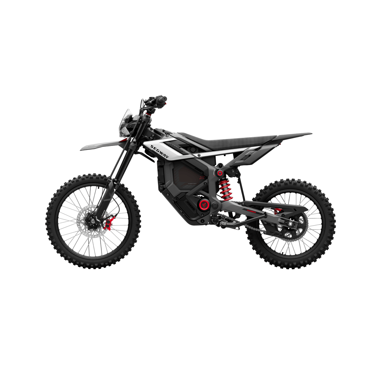 Side view of the Segway Xaber 300 electric dirt bike by Segway, featuring a black and red minimalist frame, knobby tires, and rear shock absorber, isolated on a white background.
