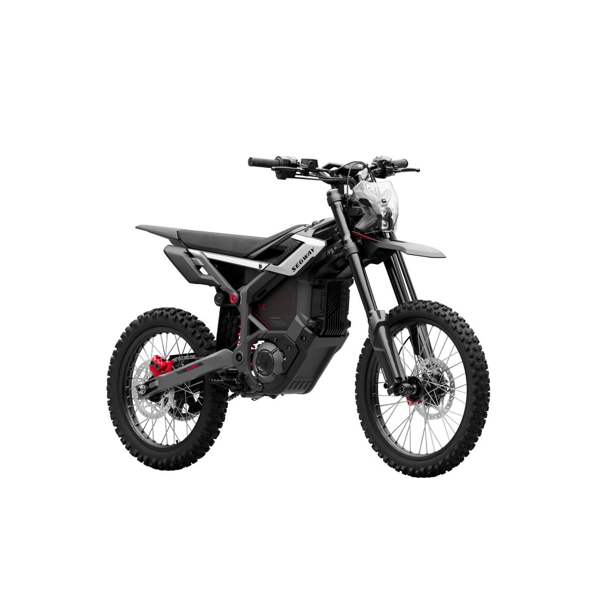 The Segway Xaber 300 by Segway features a black and silver body, knobby tires, front and rear suspension, and red accents—photographed on a plain white background, it stands out among high-performance electric dirt bikes.