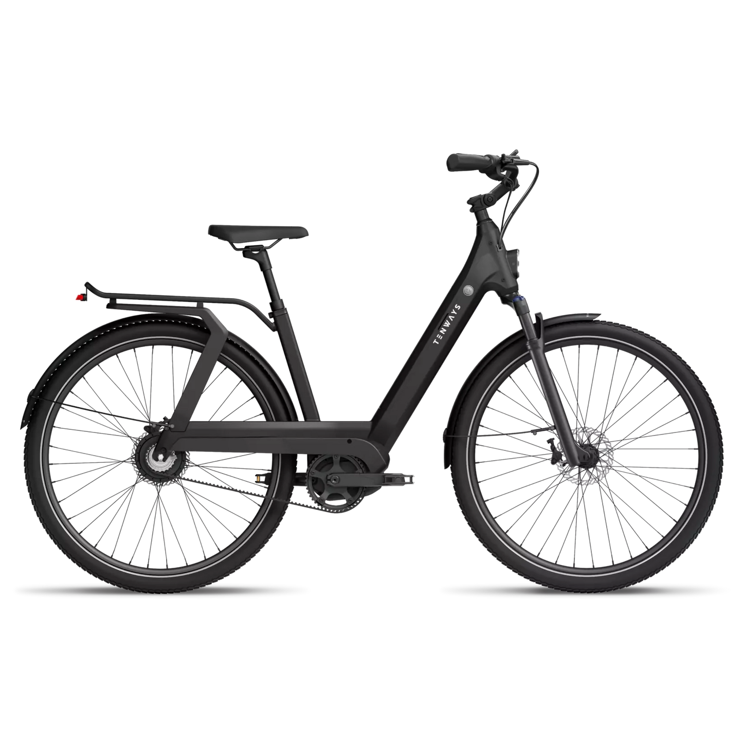 A black modern Tenways electric bicycle with disc brakes and an Enviolo Stepless Shifting Hub, displayed against a transparent background.