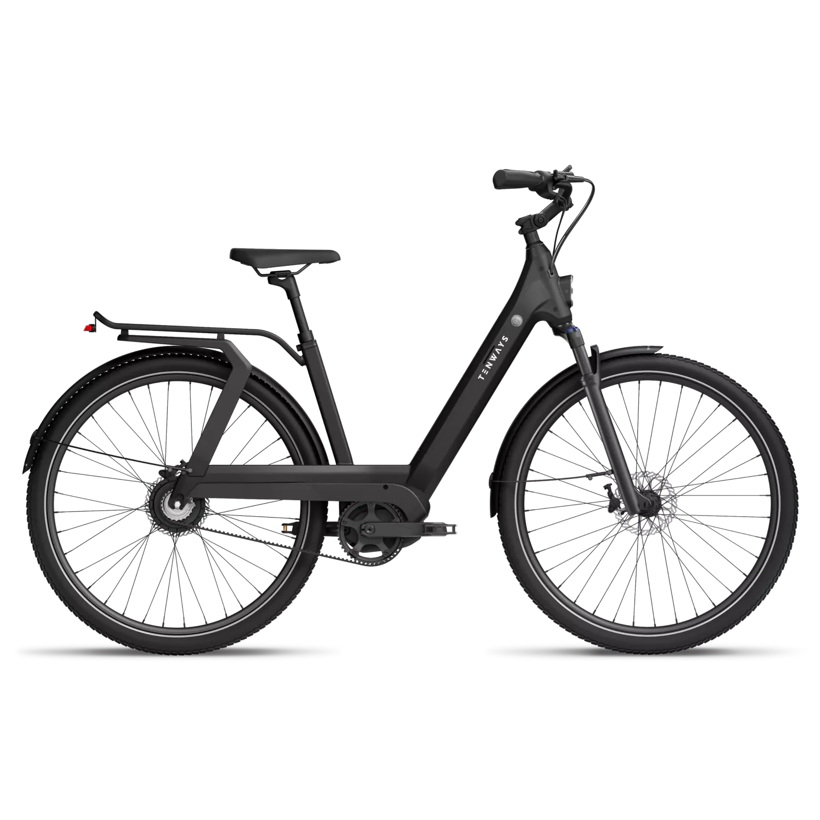 A black modern Tenways electric bicycle with disc brakes and an Enviolo Stepless Shifting Hub, displayed against a transparent background.