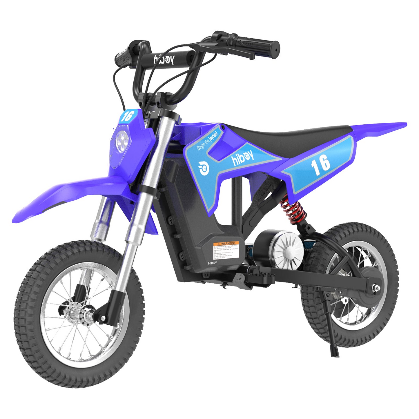The Hiboy DK1 Electric Dirt Bike by Hiboy features blue and black colors, sturdy tires, a pedal-free design, and the number 16—perfect as a kids’ off-road bike. Shown against a white background.