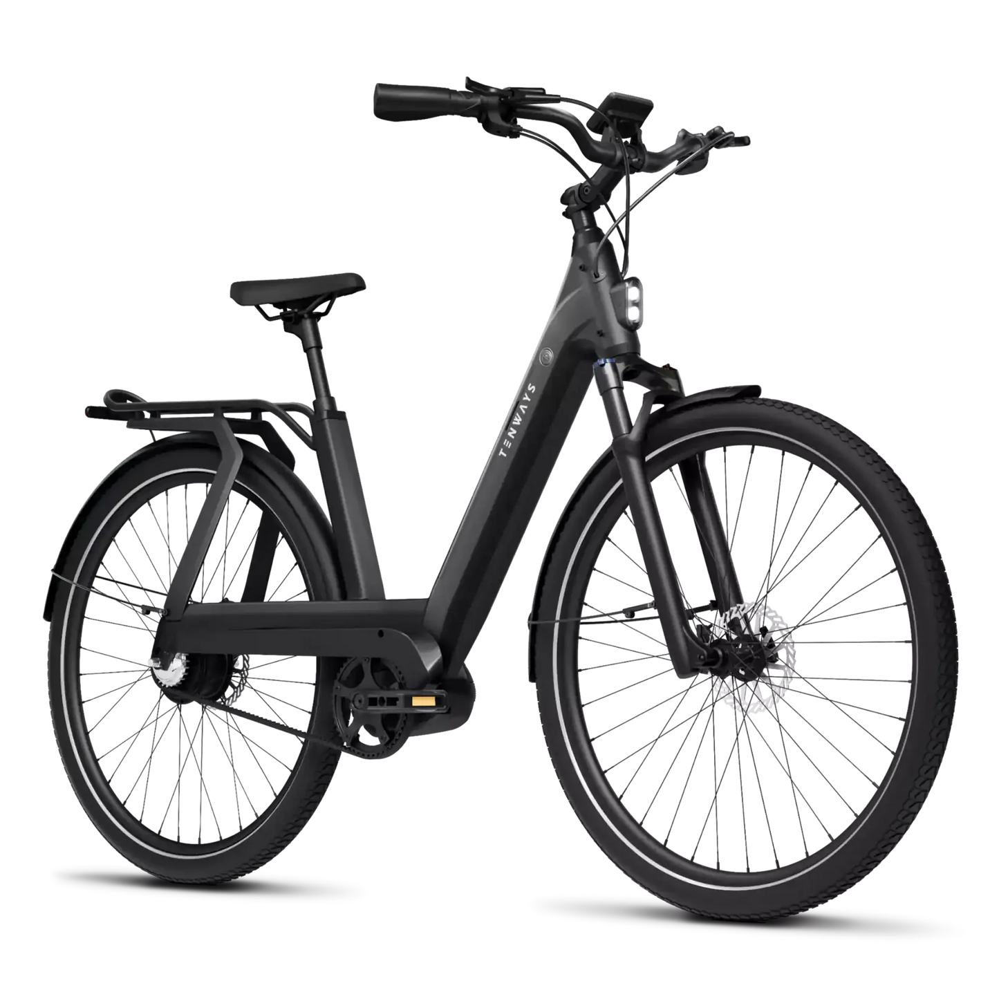 A modern Tenways electric bicycle with a matte black finish, integrated lights, and a Mid-drive Motor, displayed against a dark background with horizontal white lines.