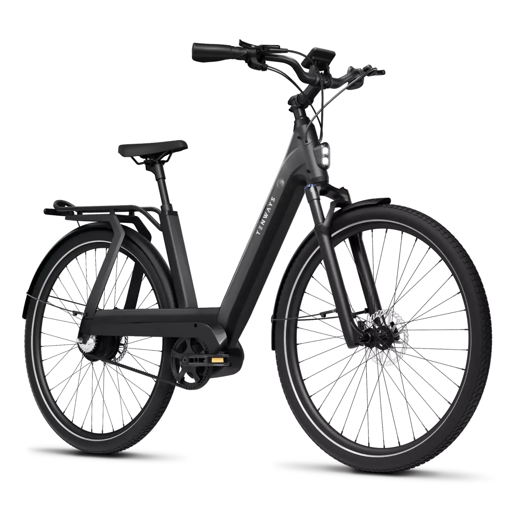 A modern Tenways electric bicycle with a matte black finish, integrated lights, and a Mid-drive Motor, displayed against a dark background with horizontal white lines.