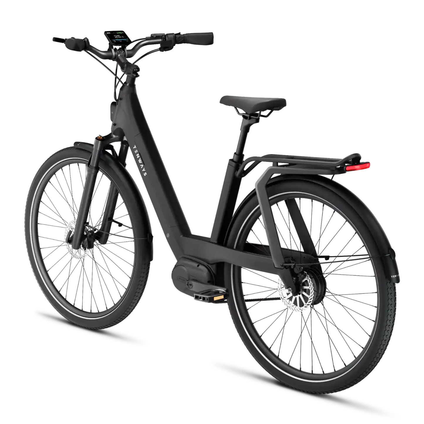 Tenways AGO T electric bicycle with a mid-drive motor and front and rear disc brakes, parked on a transparent horizontal line background.