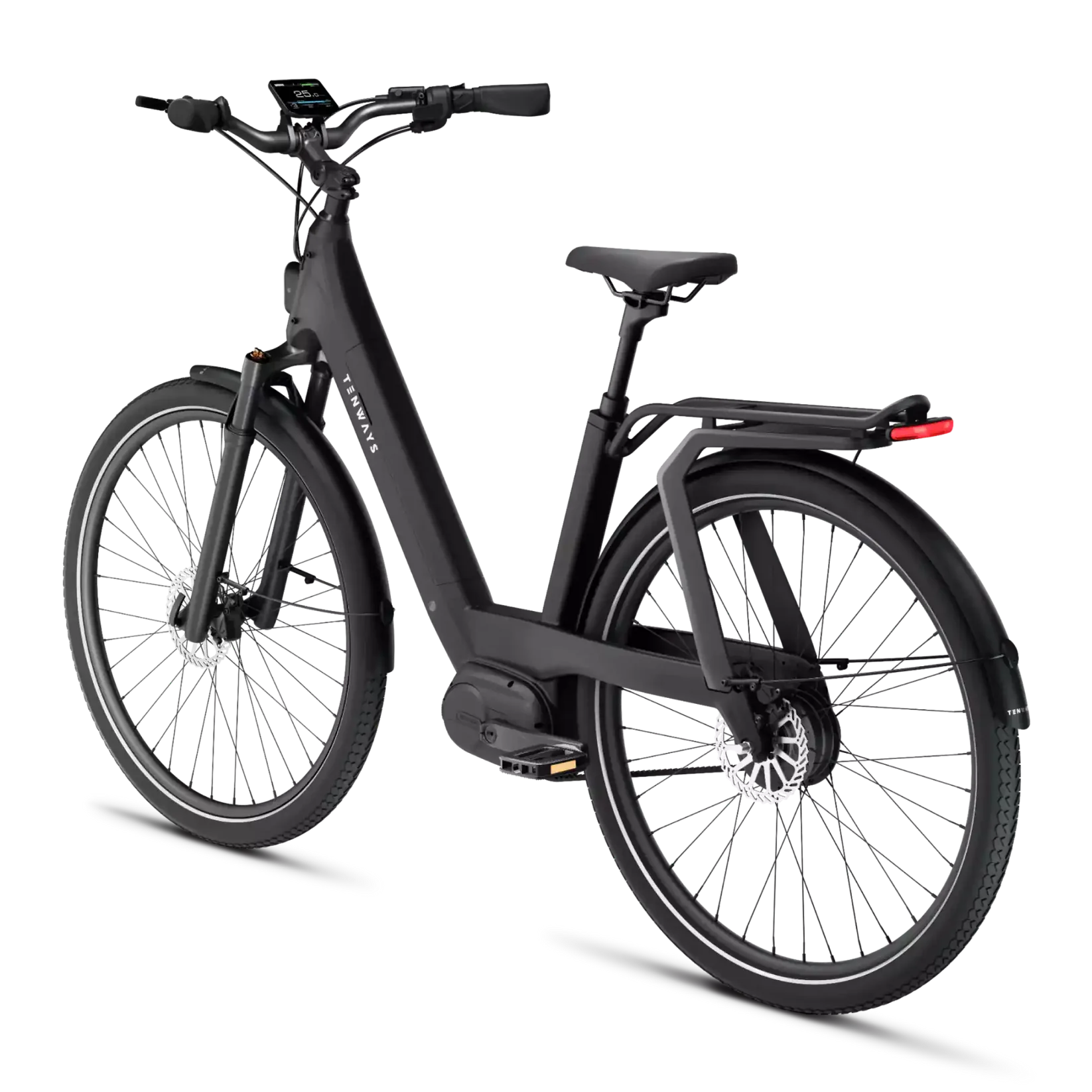 Tenways AGO T electric bicycle with a mid-drive motor and front and rear disc brakes, parked on a transparent horizontal line background.