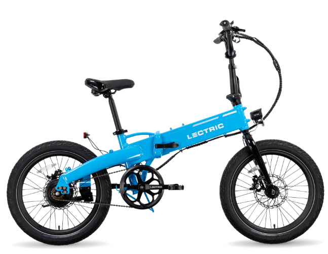 A blue Letric Lectric XP Lite 2.0 Long-Range eBike with hydraulic brakes, a black handlebar, seat, and tires on a white background.