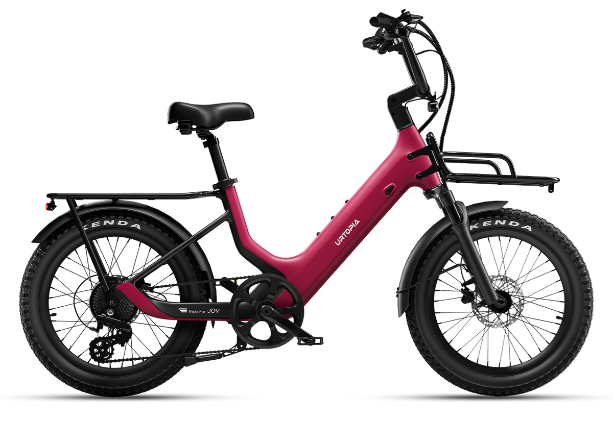 Urtopia Carbon Joy high handlebar electric bike in Rose Red, side profile