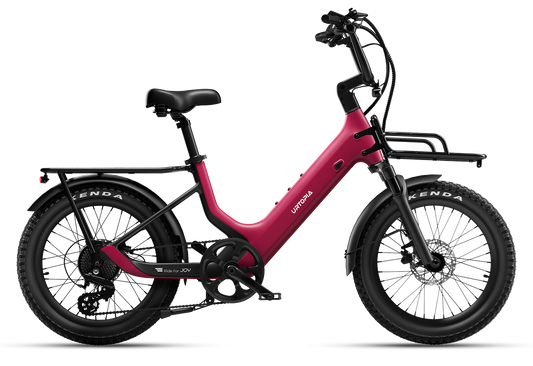 Urtopia Carbon Joy high handlebar electric bike in Rose Red, side profile