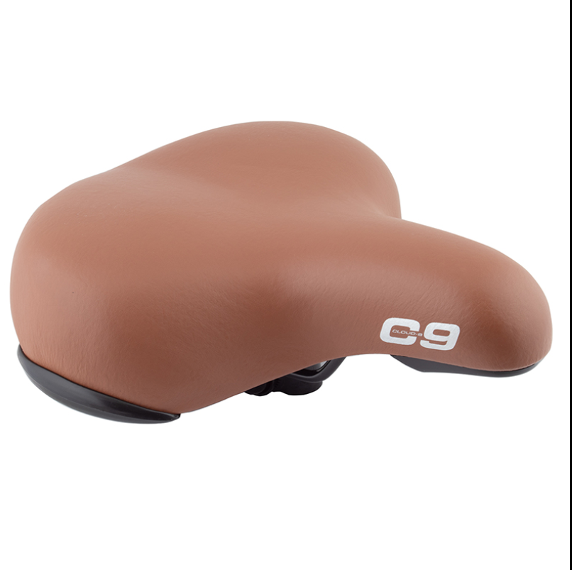 The Cloud-9 Cruiser Support XL bicycle seat in brown features a wide, cushioned design with a CLOUD-9 logo. This comfortable saddle offers Cloud-9 Support XL for ultimate comfort and is water-resistant for all-weather durability.