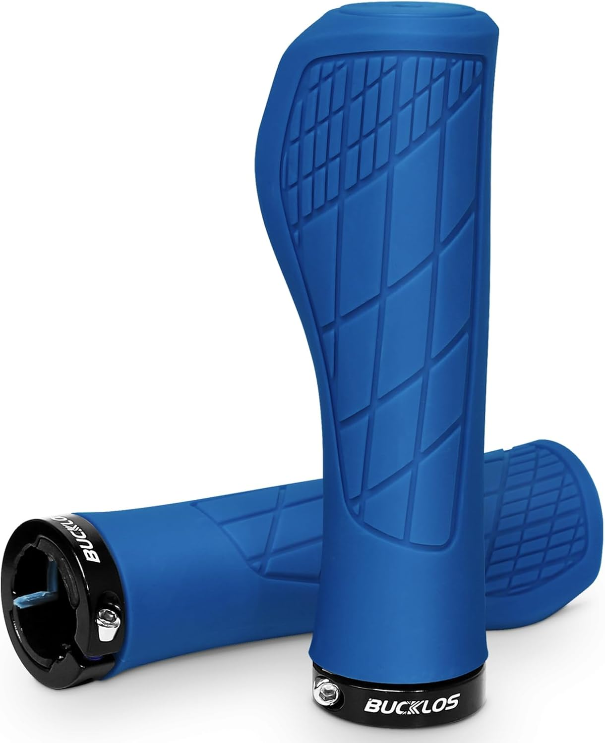 A pair of blue Grips - Bucklos with a textured ergonomic design and black end caps displaying the brand name "Tampa Bay eBikes," ensuring a strong grip for any cyclist.