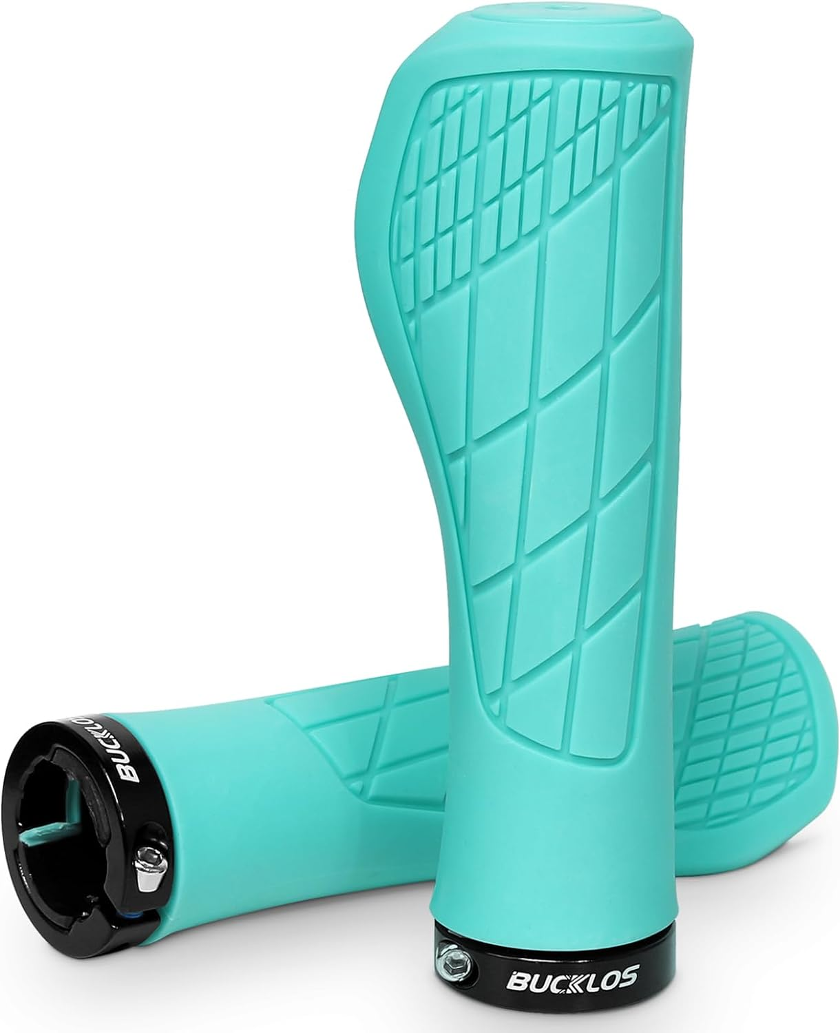 Turquoise ergonomic Grips - Bucklos with a textured surface, black lock-on clamps, and a strong grip by Tampa Bay eBikes.