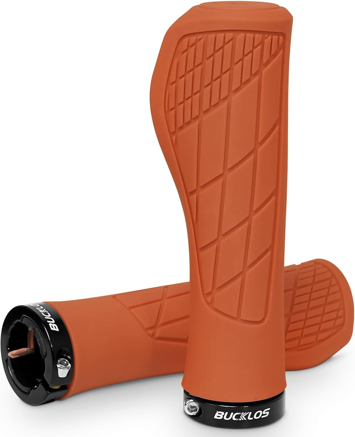 A pair of orange bicycle handlebar grips with an ergonomic design and a diamond pattern texture for a strong grip, complete with black locking rings, branded "Grips - Bucklos" by Tampa Bay eBikes.