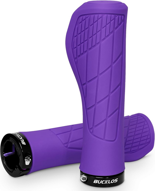 Purple bike handlebar grips with textured, ergonomic design and black end caps featuring the Tampa Bay eBikes logo ensure a strong grip.