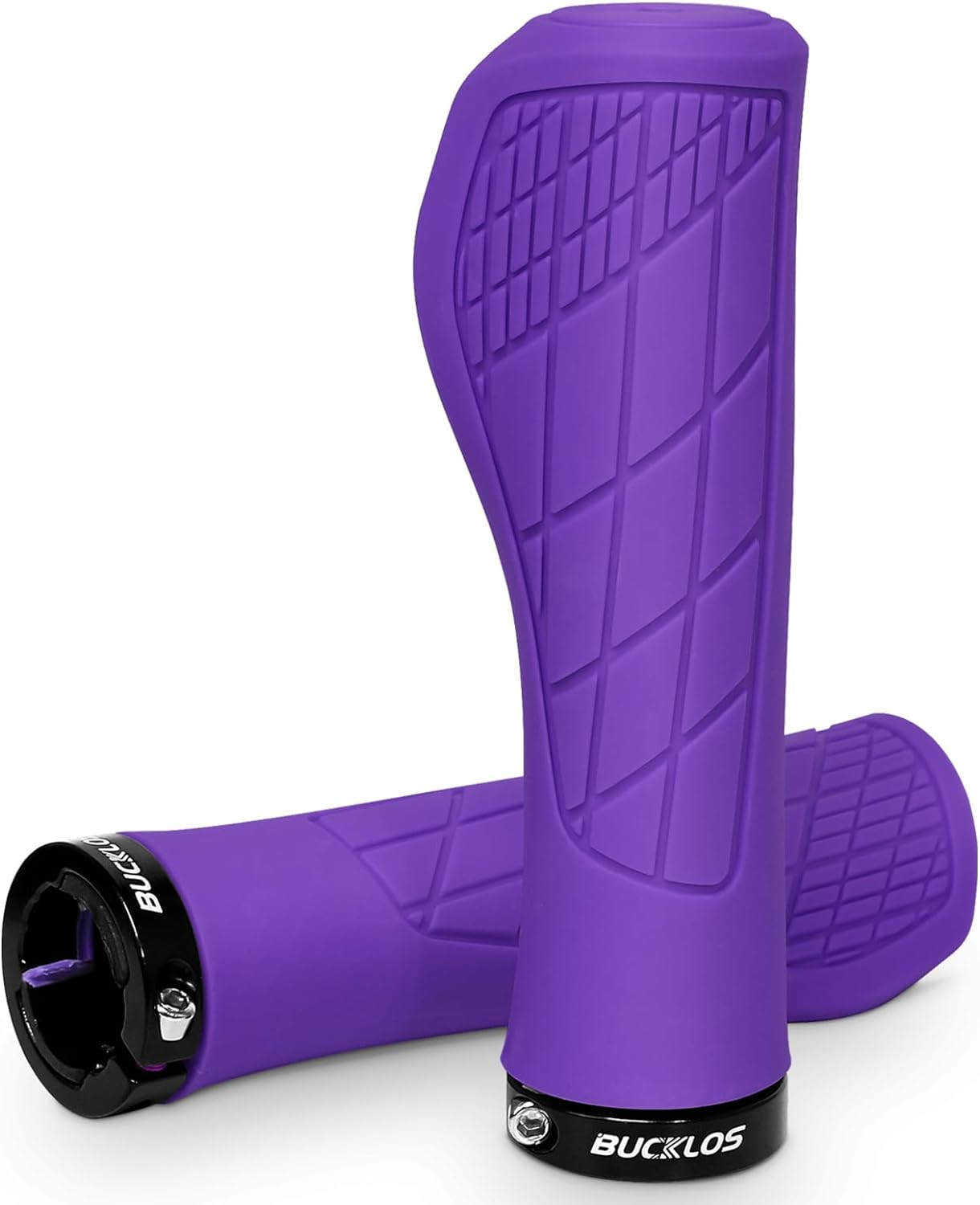 Purple bike handlebar grips with textured, ergonomic design and black end caps featuring the Tampa Bay eBikes logo ensure a strong grip.
