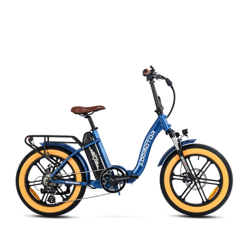 Addmotor - Foldtan M-140 electric folding bicycle with blue frame and yellow tires against a white background, featuring a lightweight design.