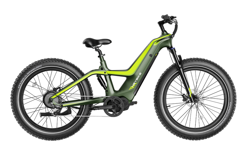 HeyBike - Hero (Mid-Drive) electric mountain bike with thick tires and a modern design, isolated on a gray background.